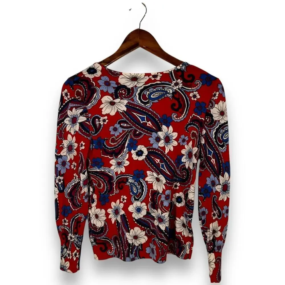 Talbots Merino Wool Paisley Floral Retro Pullover Sweater Size Large